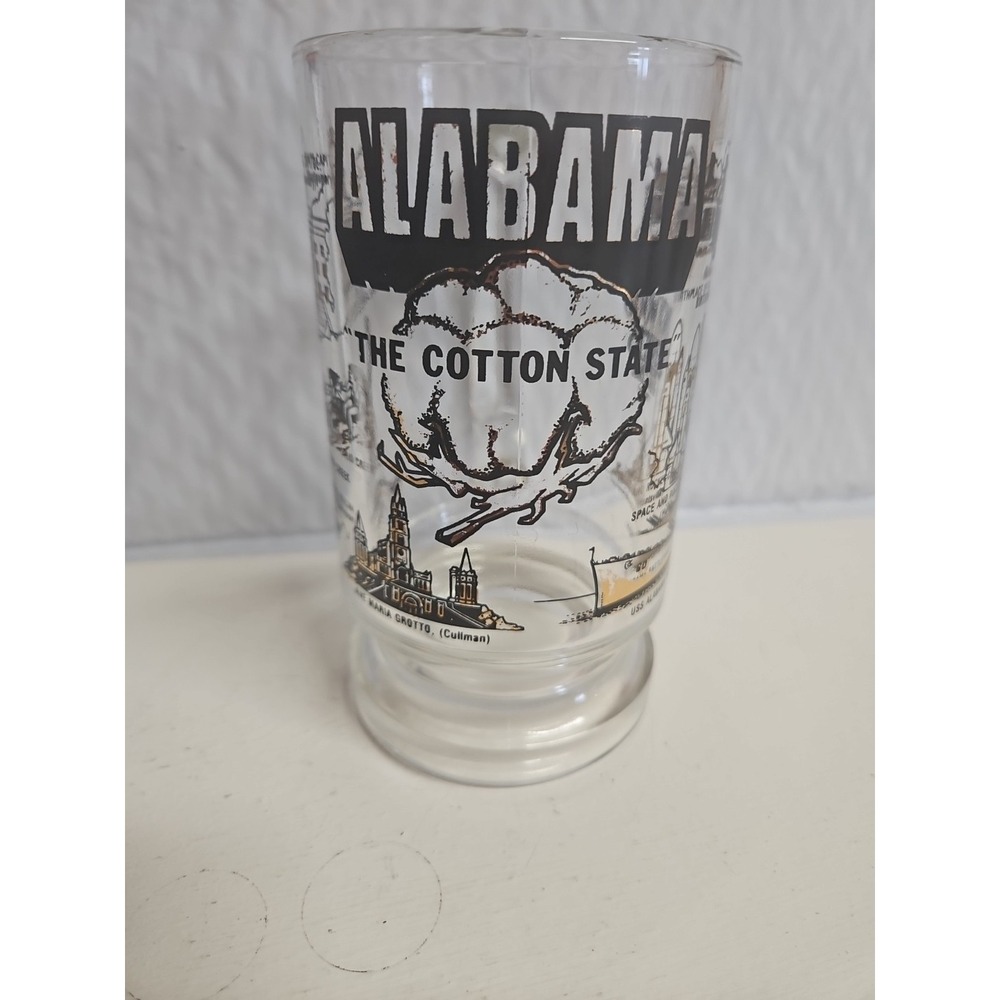 Vintage 1960s‎ Alabama Cotton State Souvenir Glass Mug Gold Black Landmarks